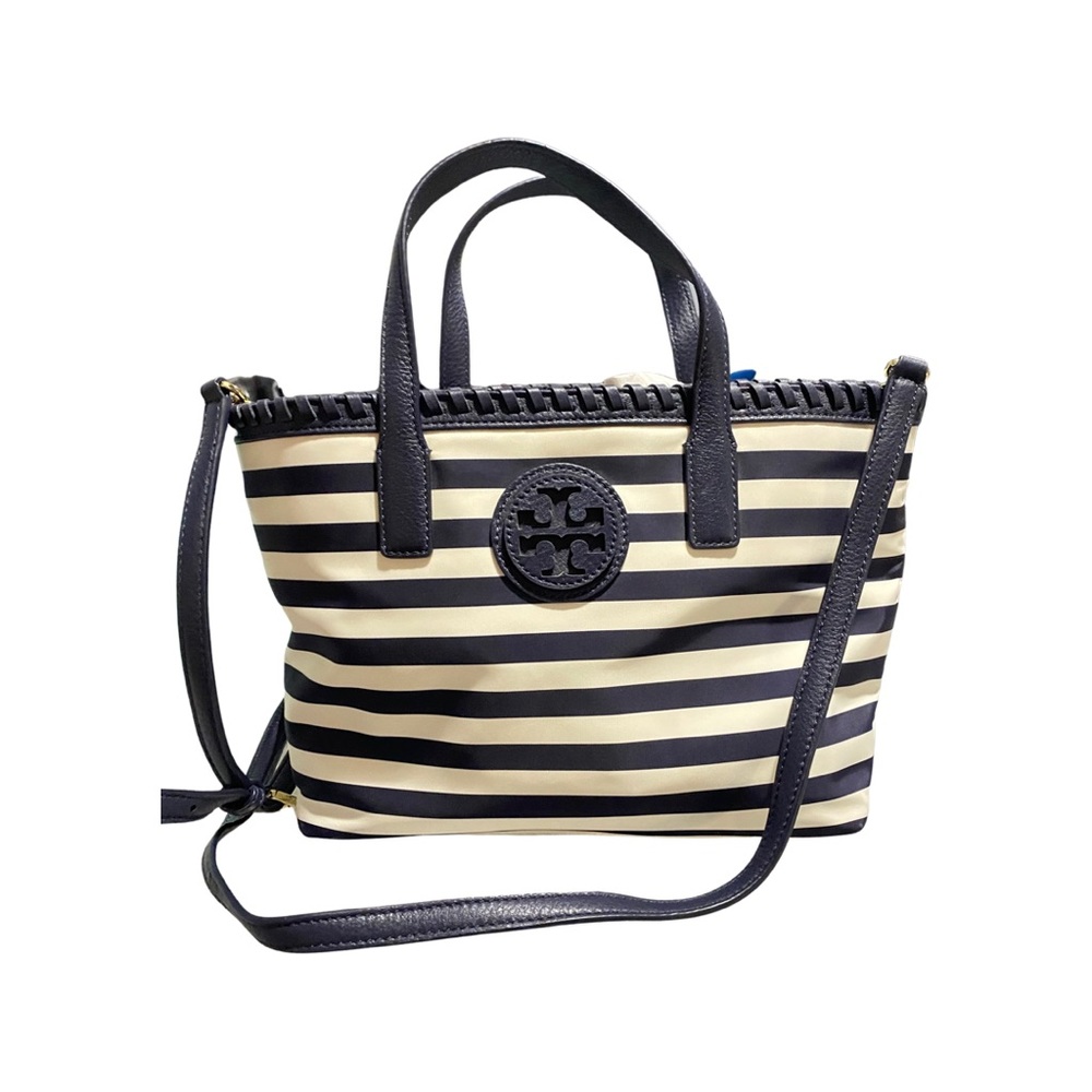 East West Marion Navy Blue/White Stripe Nylon and Leather Tote